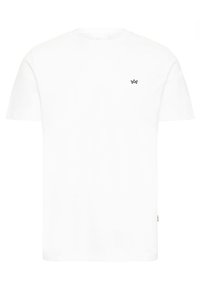 Hvit bomulls t-skjorte med korte ermer, rund hals, med en liten svart logo på venstre bryst. Jevn tekstur og klassisk passform.