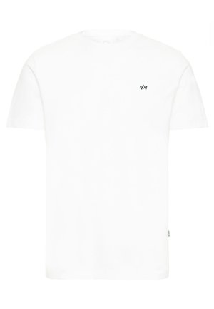 White cotton t-shirt with short sleeves, crew neckline, featuring a small black logo on the left chest. Smooth texture and classic fit.