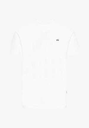 White cotton t-shirt with short sleeves, crew neckline, featuring a small black logo on the left chest. Smooth texture and classic fit.