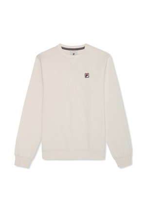 Sudadera de color beige claro con mangas largas y cuello redondo. Presenta un pequeño logotipo rectangular en el pecho y puños y dobladillo de canalé.