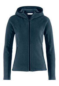 Dark blue fleece jacket with a zip front and hood. Features side pockets and contrast stitching along the seams for added detail.