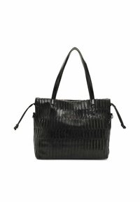 Zwarte leren tote bag met een gestructureerd, geplisseerd ontwerp, dubbele handgrepen aan de bovenkant en trekkoordaccenten aan beide zijden. Gladde afwerking.