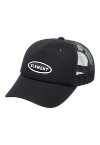 Black baseball cap made of fabric with a mesh back, featuring a white embroidered "ELEMENT" logo on the front.