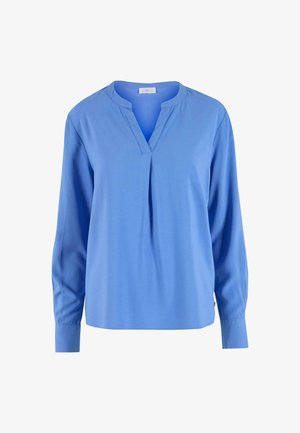 Sinine, pika varrukaga topp V-kaelusega ja keskel voltiga. Valmistatud siledast kangast, millel on mansetid ja mugav lõige.