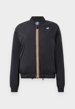 Black bomber jacket in lightweight material with a zip front featuring a yellow and white stripe. Elastic cuffs and hem, includes toggle adjusters.