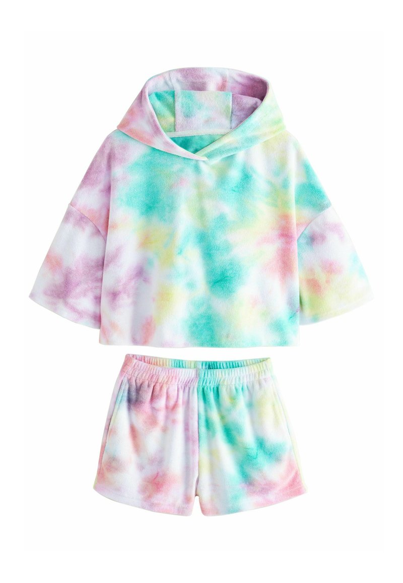 Bunte, verkürzte Kapuze und passendes Short-Set aus weichem, plüschigem Material. Hat ein Batikmuster mit sanften Rosa-, Blau- und Grüntönen.