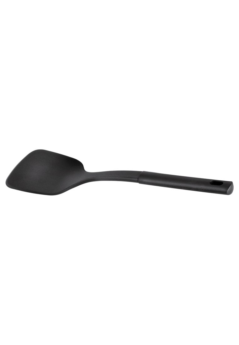 Schwarzer Silikonspatel mit einem breiten, flachen Kopf und einem langen Griff. Glatte Oberfläche, gebogene Kanten und ein Aufhängeloch am Ende des Griffs.