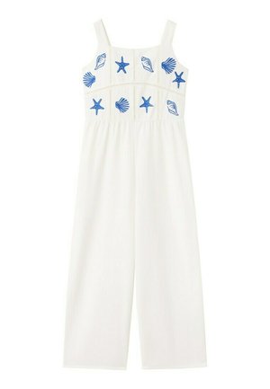Combinaison blanche sans manches à jambes larges avec des étoiles de mer brodées bleues et des coquillages sur le corsage.