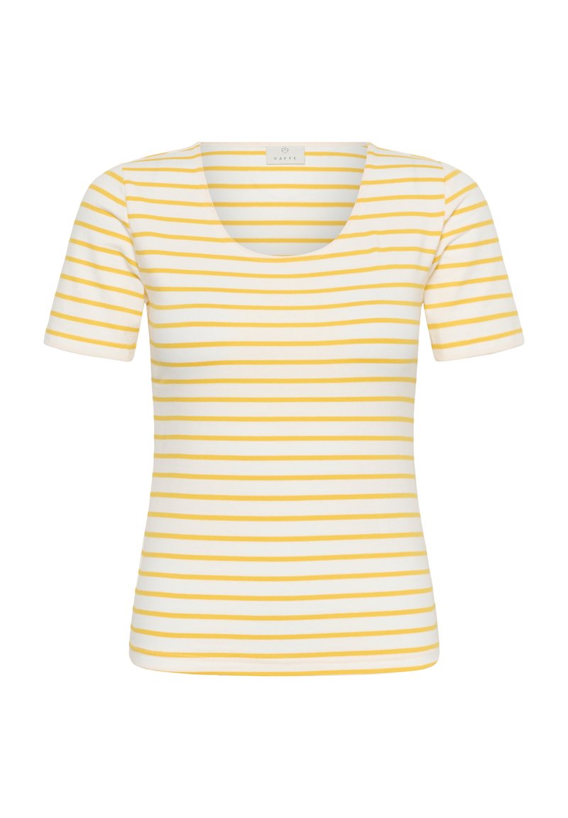 T-shirt blanc à manches courtes avec des rayures jaunes horizontales et un col rond.