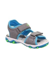 Sandale pour enfants ouverte aux orteils, grise et bleue, avec des bretelles Velcro réglables et des accents verts sur la semelle, conçue pour une utilisation décontractée en extérieur.