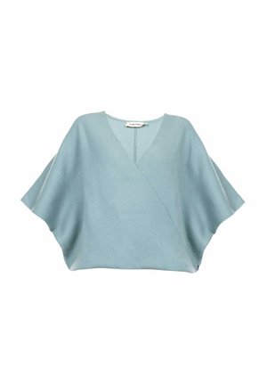 Jasnoniebieski, dziergany damski top z szerokimi rękawami typu nietoperz i dekoltem w kształcie litery V, z przodem w stylu kopertowym.