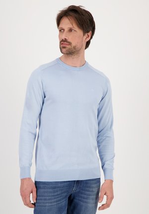 Light blue knitted sweater with long sleeves, ribbed crew neckline, and hem. Smooth texture and fitted design. Small logo on chest.