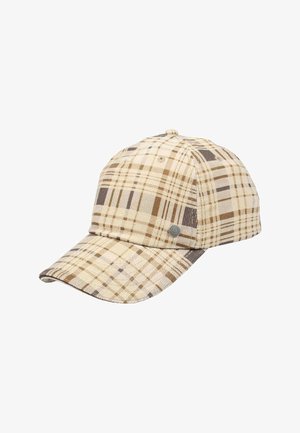 Šviesiai rudas ir rudas patikslinimo raštas su beisbolo kepure, kurioje priekinėje pusėje yra mažas apvalus metalinis logotipas.