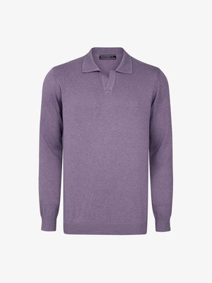 Maglione polo a maniche lunghe viola con scollo a V, realizzato in morbido tessuto lavorato a maglia. Presenta un colletto e polsini a costine per un ulteriore tocco di eleganza.
