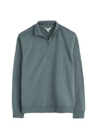 Blau-grüner Pullover mit Halb-Reißverschluss-Kragen, langen Ärmeln und geripptem Saum. Hergestellt aus weichem, strukturiertem Stoff.