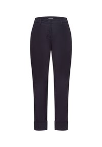 Marineblaues Hosen mit maßgeschneidertem Design, das eine glatte Textur, geraden Schnitt, Fronttaschen und umgekrempelte Säume am Ende aufweist.