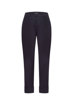 Marineblauwe broek met een op maat gemaakte uitstraling, voorzien van een soepele textuur, rechte snit, voorzakken en opgerolde manchetten aan de onderkant.