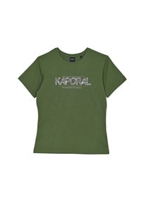 Camiseta de algodón verde oliva con mangas cortas, escote redondo y un logo impreso "KAPORAL DAYDREAM BELIEVER" en blanco.