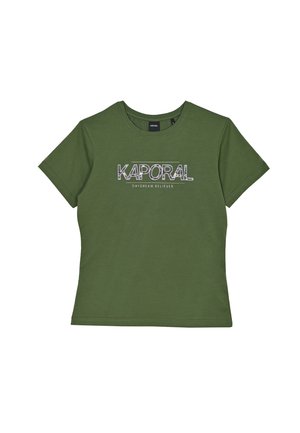Camiseta de algodón verde oliva con mangas cortas, escote redondo y un logo impreso "KAPORAL DAYDREAM BELIEVER" en blanco.