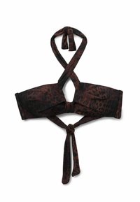 Top de bikini con estampado de leopardo en marrón y negro. Presenta un diseño estructurado con lazos ajustables en el cuello y la espalda para un ajuste seguro.