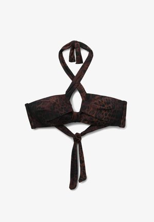 Horní díl bikin s leopardím vzorem v hnědé a černé barvě. Má pevný střih s nastavitelnými šňůrkami na krku a zádech pro jisté upevnění.