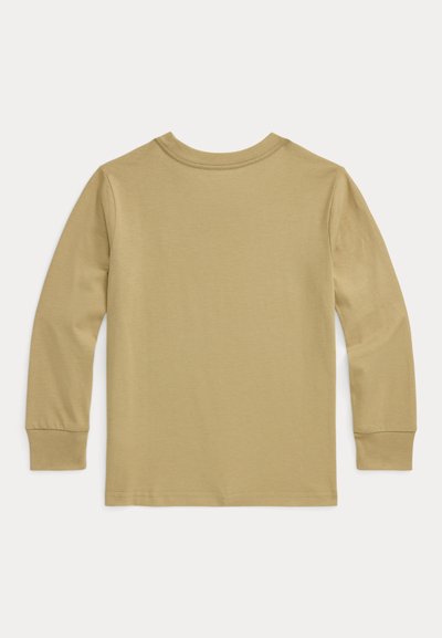 Triko s dlouhým rukávem v khaki barvě, vyrobené z jemné látky. Má kulatý výstřih a přiléhavé rukávy bez viditelných švů nebo vzorů.