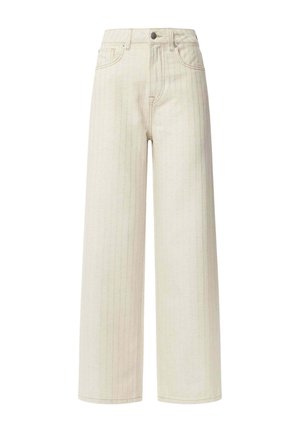 Lichtbeige wijde broek met verticale strepen, gemaakt van denim, met een hoge taille, voorkeerds en een metalen knoopsluiting.