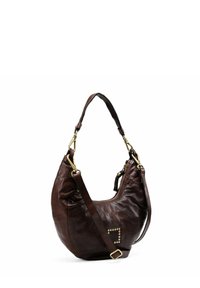 Borsa hobo in pelle marrone con un design morbido, presenta un accento borchiato e una tracolla rimovibile con finiture dorate.