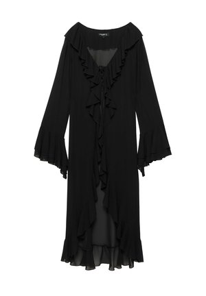 Robe noire longueur genou avec manches longues évasées, bordure à volants le long de l'encolure, ouverture frontale et ourlet, et fermeture à nouer à l'encolure.