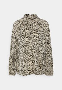 Blusa beige con macchie leopardate nere, collo alto e maniche lunghe con texture plissettata. Tessuto leggero e fluente con vestibilità ampia.