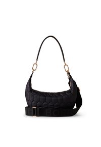 Black quilted shoulder bag with a rounded shape, featuring a smooth, textured surface and gold-tone hardware. Includes a black strap with embossed branding.