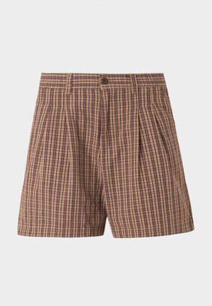 Ανδρικές καφέ καρό βερμούδες με εμπρόσθιο κουμπί και θηλιές για ζώνη, με κλασικό μοτίβο καρό.