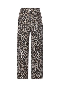 Pantalons taille haute avec des jambes larges et un motif léopard dans des tons beiges, marron et noir.