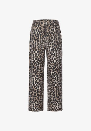 High-waisted pants with wide legs and a leopard print pattern in beige, brown, and black tones.