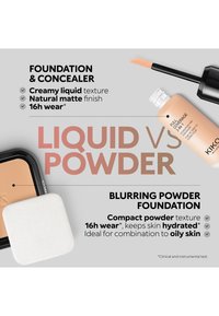 Comparaison entre un fond de teint liquide correcteur à texture crémeuse et fini mat, et un fond de teint compact poudre floutante pour peau grasse, tenue de 16 heures.
