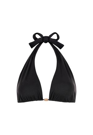 Czarny bikini halter z kokardą wiązaną na szyi, wykonany z miękkiego, elastycznego materiału o gładkiej fakturze, uzupełniony ozdobnym zapięciem.