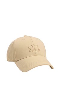 Beżowa czapka z mieszanki bawełny, z sześciopanelowym wzorem, haftowanym logo z przodu oraz regulowanym paskiem z tyłu.
