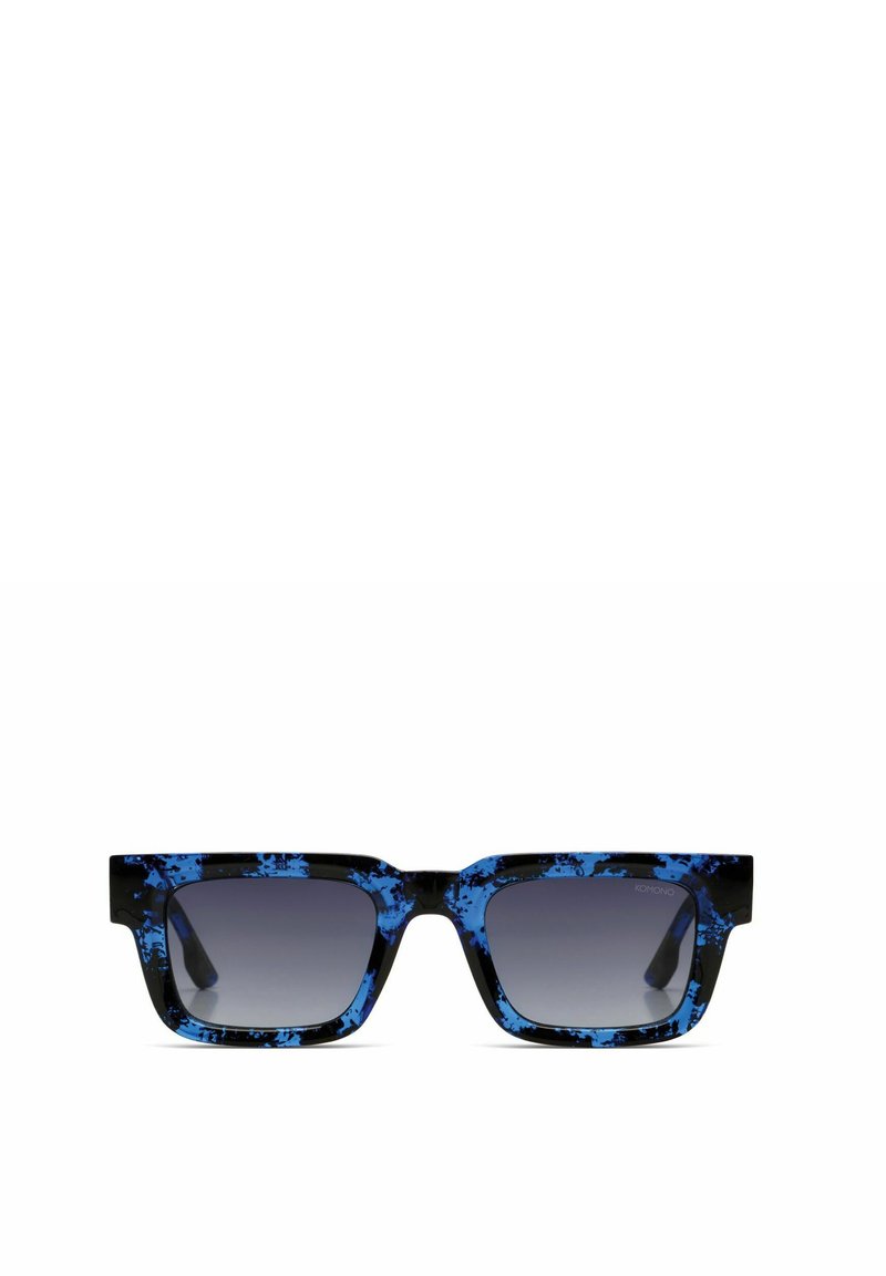 Gafas de sol rectangulares con montura de mármol azul y negro y lentes oscuros con degradado, exhibidas sobre un fondo blanco.