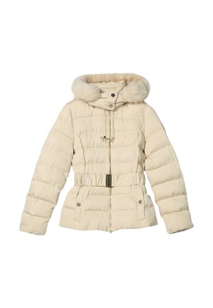 Giacca imbottita color crema con cappuccio in ecopelliccia. Caratterizzata da una cintura in vita, chiusura con zip e due tasche frontali con bottoni a scatto.