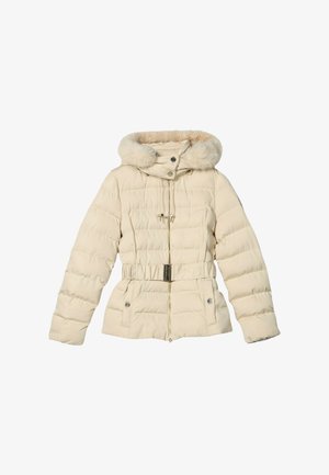 Giacca imbottita color crema con cappuccio in ecopelliccia. Caratterizzata da una cintura in vita, chiusura con zip e due tasche frontali con bottoni a scatto.