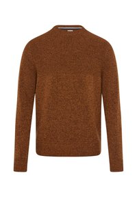 Bruine gebreide trui met een gestructureerd patroon, ronde halslijn en lange mouwen. Bevat een geribde onderkant en manchetten. Materiaal lijkt warm en zacht.