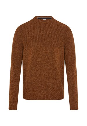 Maglione marrone a maglia con un motivo testurizzato, collo a giro e maniche lunghe. Presenta un orlo e polsini a coste. Il materiale appare caldo e morbido.