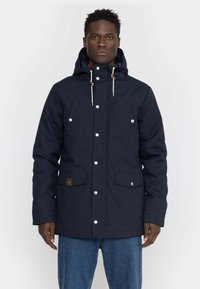 Navy blue hooded jacket with button closure, two front pockets, and contrasting inner lining. Features drawstrings and snap buttons.