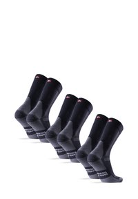 Seis pares de calcetines azul marino con acentos grises. Puños acanalados, puntera y talón reforzados, hechos de un material texturizado. Logo de la marca visible.