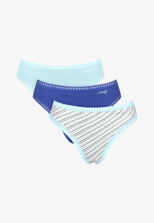 Kolme naiste bikiinipükstüki valgesinises, tumedassinises ning triibulises sinise, valge ja kollase tooniga, pitsilise ääristuse ja kaubamärgi logodega.