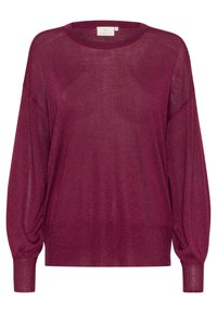Pull en tricot bordeaux à manches longues avec une coupe ample et des manches ballon. Fabriqué dans un matériau transparent et chatoyant avec des poignets et un ourlet côtelés.