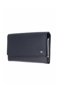 Portefeuille en cuir noir avec fermeture à rabat et petit logo argenté en bas à droite, montrant partiellement une vue latérale d'un compartiment zippé.