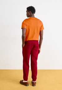 Orange cotton t-shirt with short sleeves, paired with red pinstriped trousers and brown shoes. Background is yellow.