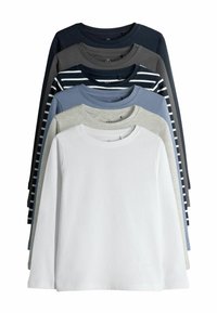 Zestaw longsleeve'ów w różnych kolorach: granatowym, szarym, niebieskim, w paski oraz białym. Miękka tkanina, okrągły dekolt i prosty dół.