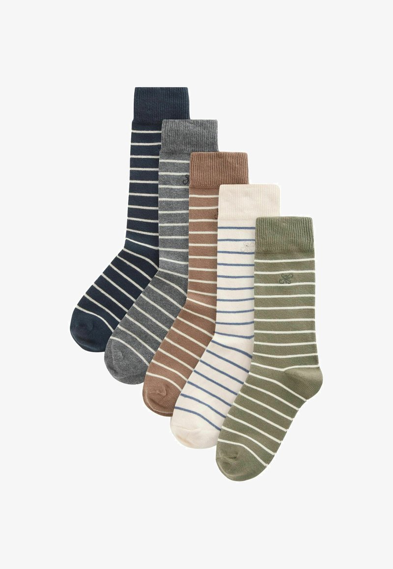 Five pairs of socks featuring various colors and stripes: navy, gray, brown, cream, and olive. Made of knitted fabric with contrasting accents.